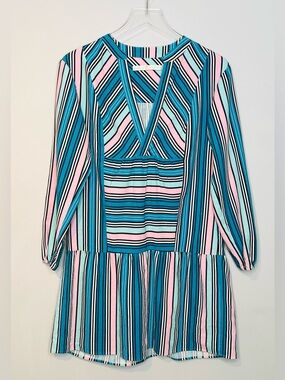 Marie Oliver Petra Paneled Blue Stripe Silk Linen Blend Mini Dress